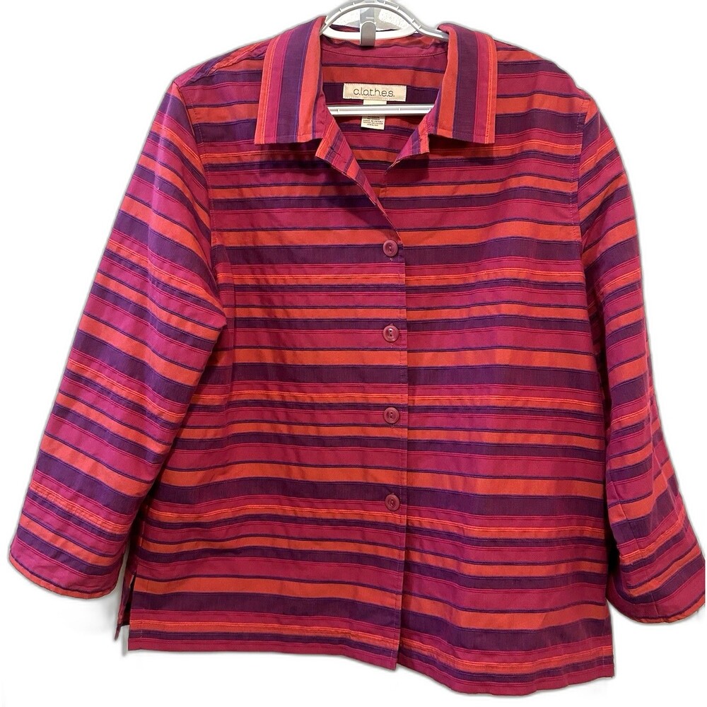 c.l.o.t.h.e.s. Striped Button Front Jacket Top 3/4 Sleeve Magenta Purple Large